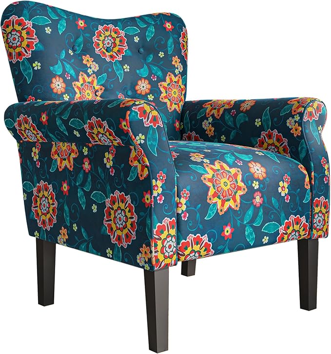 BELLEZE Modern Accent Chair for Living Room, High Back Linen Armchair with Wooden Legs, Upholstered Wingback Side Chair Padded Armrest Single Sofa for Living Room, Bedroom - Allston (Blue & Flower)-Ruum Studio Home