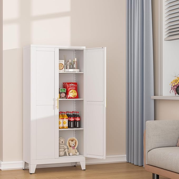 Metal Pantry Cabinet with 2 Doors and Adjustable Shelves, Kitchen Storage cabinets with Gold Handles, Versatile Storage for Laundry/Living Room,Bathroom,Dinning Room-White-Ruum Studio Home