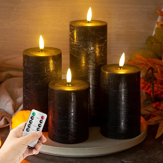 Halloween Flameless Candles, 4 Pack Battery Operated Halloween Candles with Remote, Wax LED Fake Pillar Candles Fireplace/Shelf Decor D3 H 5" 6" 7" 9" Black-Ruum Studio Home