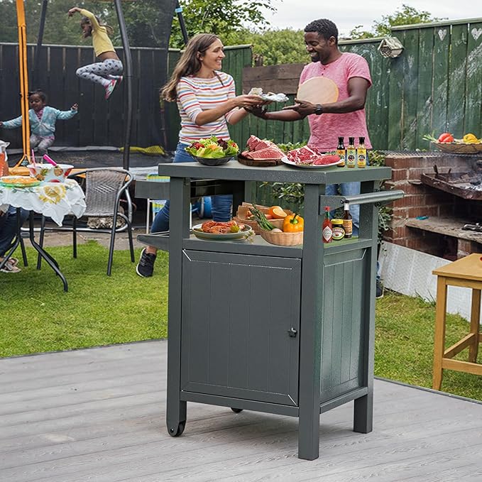 Domi Grill Carts Outdoor with Storage and Wheels, Whole Metal Portable Table and Storage Cabinet for BBQ,Deck,Patio,Backyard(Dark Grey)-Ruum Studio Home