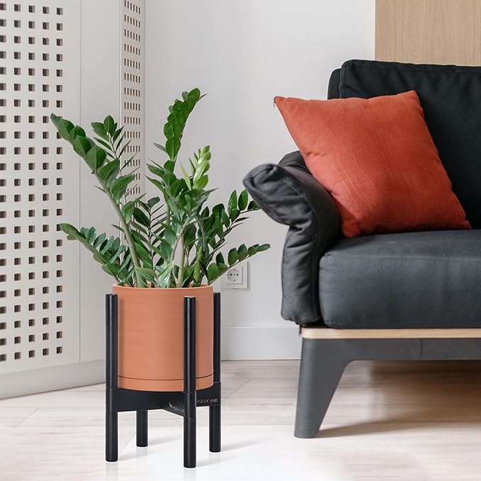 D'vine Dev Terracotta Planter with Ebony Stand - 8 Inch Modern Round Flower Pot with Wood Planter Holder, Terracotta, 55-B-M-5-Ruum Studio Home