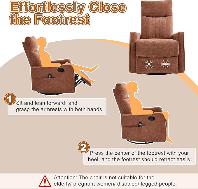 Manual Swivel Rocker Recliner Chair for Adults, Overstuffed Reclining Glider Chair for Nursing with Vibration Massage & Heat, Living Room Rocking Recliner 2-Stage backrest, Chenille Fabric Orange-Ruum Studio Home