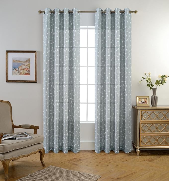 MIUCO Floral Embroidery Semi Sheer Curtains Faux Linen Grommet Curtains for Living Room 52 x 84 Inch 2 Panels Set, Sea Foam-Ruum Studio Home