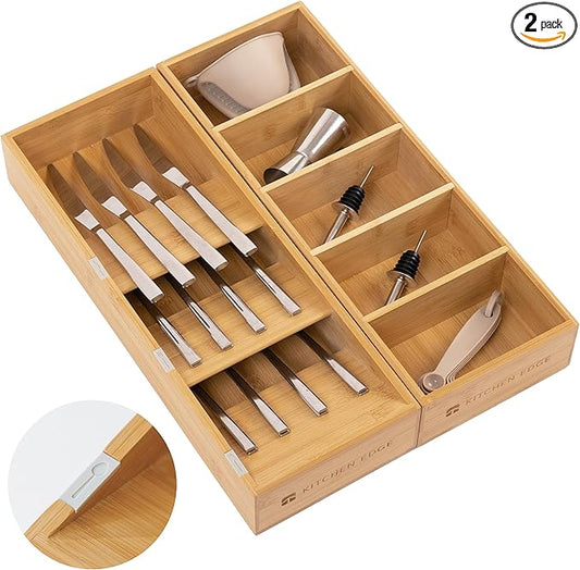 Premium Silverware and Utensil Drawer Organizers – Slanted 3-Compartment and 5-Compartment Design, Labeled Slots, Non-Slip Feet, 100% Sustainable Bamboo, 2 Pack-Ruum Studio Home