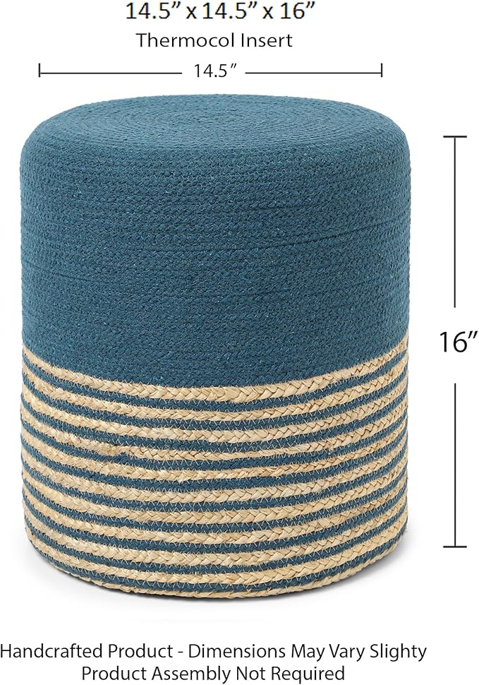 REDEARTH · Cylindrical Pouf Foot Stool Ottoman - Jute Braided Pouffe Poof Accent Sitting Footrest for Living Room, Bedroom, Nursery, Patio, Lounge Set of 2 (Teal Natural, 14.5"x14.5"x16")-Ruum Studio Home