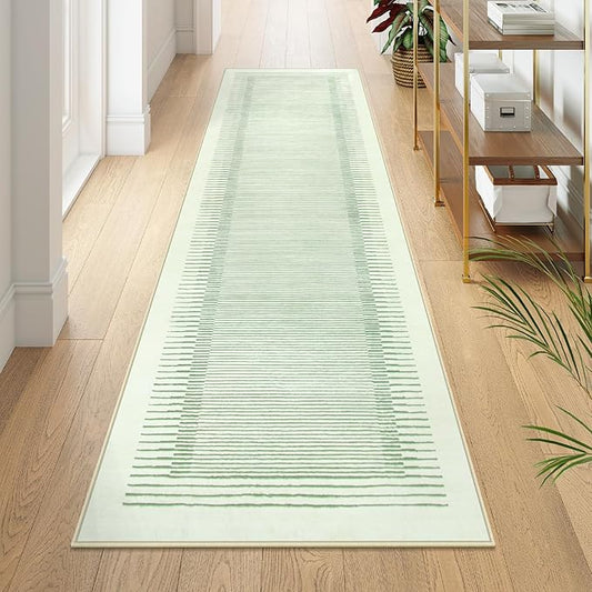 Wonnitar Washable Green Striped Runner Rug for Hallway 2'6"x8', Non-Slip Soft Runner Rug for Bedroom, Low Pile Minimalist 8ft Carpet Runner for Bathroom Laundry Kitchen (Green, 2'6" x 8')-Ruum Studio Home