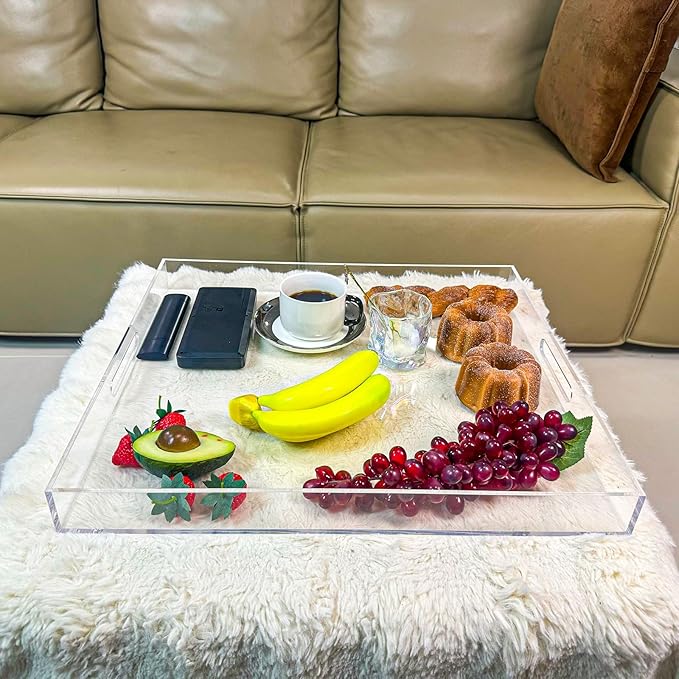 Clear Rectangular 18x20 Inches Acrylic Ottoman Tray Decorative Serving Tray with Cutout Handles Organizer Tray on Coffee Table Countertop Big Breakfast Bed Tray Living Room Appetizer Serving Food-Ruum Studio Home
