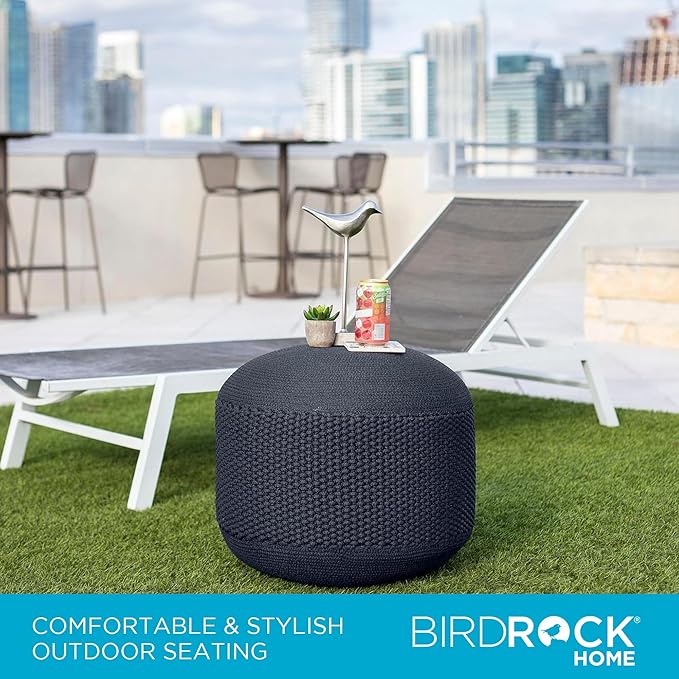 BIRDROCK HOME Outdoor Pouf Ottoman | Hand Woven Waterproof Foot Stool with Bead Bag Filling | Boho Foot Rest for Patio, Living Room, Porch & Outdoor Seating | Lightweight, Soft Stuffed Chair | Navy-Ruum Studio Home