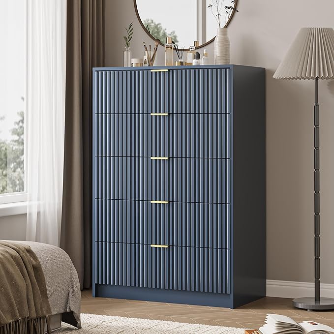 5 Drawer Dresser for Bedroom, Tall Dresser Chest of Drawers with Gold Handles, 32 Inch Wide Nightstand with for Bedroom, Living Rooms, Offices, and Entryways, Navy Blue-Ruum Studio Home