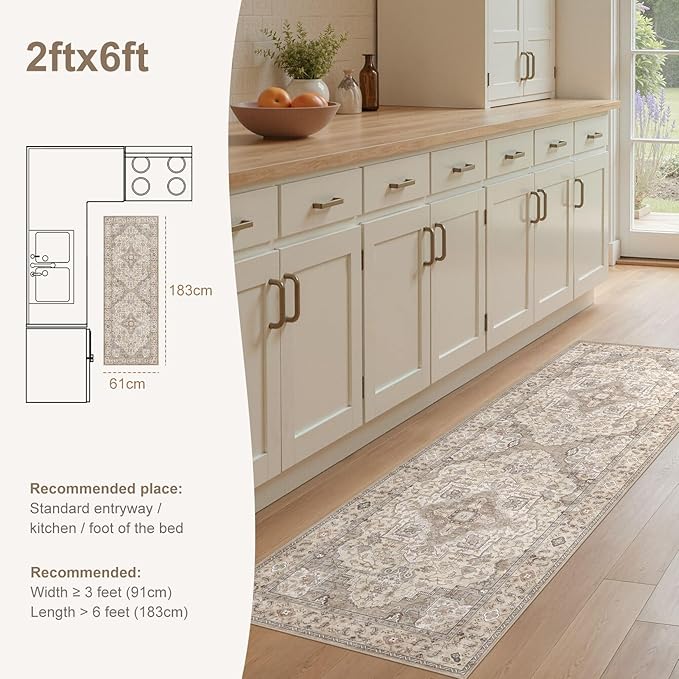 Washable 2x6 Runner Rug - Area Rugs Neutral Vintage Distressed Floral Farmhouse Boho Large Soft Floor Rug Indoor Carpet for Hallway Entryway Bedroom Kitchen - Brown/Multi-Ruum Studio Home