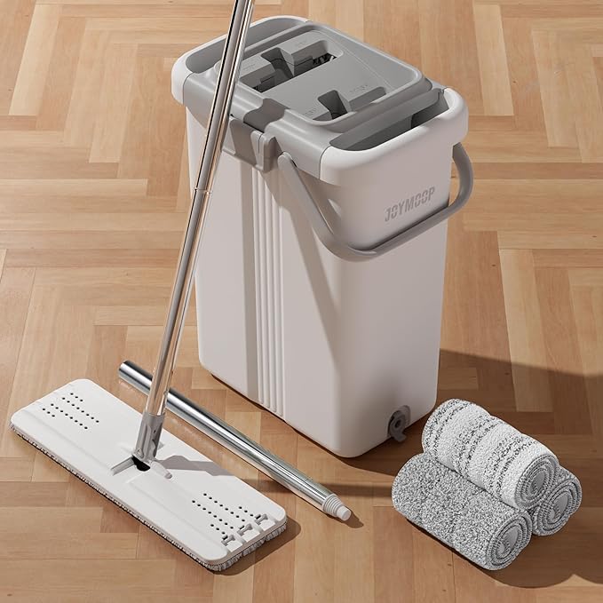 JOYMOOP Mop and Bucket with Wringer Set, Flat Squeeze Mop with Bucket (X-Large), Dust Mop for Wall Cleaner with Long Handle, Microfiber Mop - White Bucket with 3 Reusable 15" Pads-Ruum Studio Home