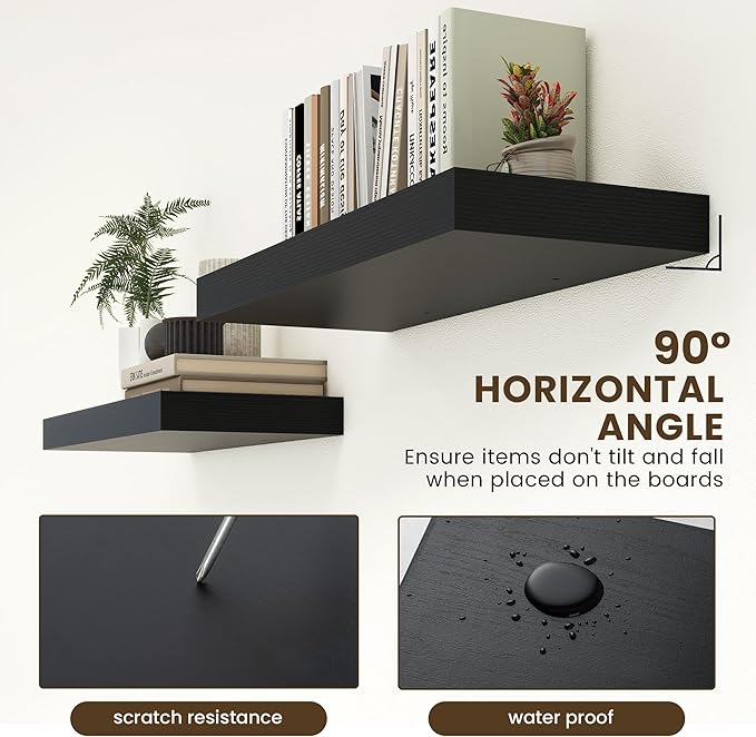 Deep Floating Shelves for Wall | 30W x 12D Black Floating Shelves Set of 2 | 12 Inch Deep Wall Shelves for Living Room Bathroom Laundry Room Bedroom Kitchen Home Office - Black-Ruum Studio Home