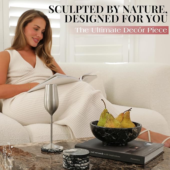 Gusto Nostro 8" Luxury Black Marble Decorative Bowl for Coffee Table - Elegant Modern Fruit Bowl for Kitchen Counter - Heavy Stone Entryway Catch all for Keys, Jewelry, Potpourri Holder Centerpiece-Ruum Studio Home