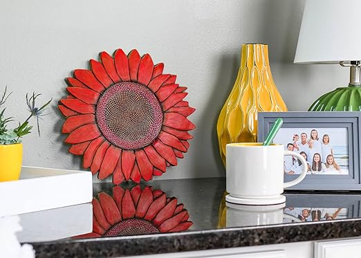 NAT & Jules Sunflower Shaped Dimensional Indoor Outdoor 12 inch Cast Resin Decorative Garden Stepping Stone, Patio, Walkway Sculpture Yard Art, Red-Ruum Studio Home