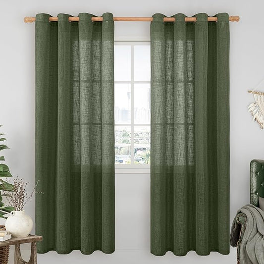 LAMIT Linen Sheer Curtains 80 inch for Living Room, Soft Thick Light Filtering Boho Window Textured Neutral Drapes with Bronze Grommet for Bedroom/Farmhouse, 2 Panels, 52 x 80 Inch, Olive Green-Ruum Studio Home