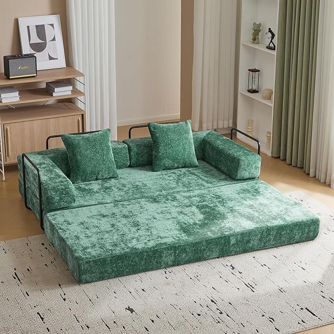 Convertible Sleeper Sofa Bed, Compression Folding Sofa with Pillow, No Assembly Required, Shape Frame, Floor Sofas Lounge Couch for Living Room, Bedroom, Small Spaces(Chenille, 77''W, Dark Green)-Ruum Studio Home