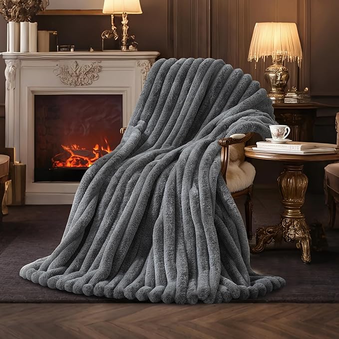 Amélie Home Faux Fur Throw Blanket for Couch, Ultra Cozy Fuzzy Fluffy Fur Luxurious Soft Striped Plush Gift Blankets for Family Sofa Chair Bed Living Room Bedroom, 55"x70", Ionic Wolf Gray-Ruum Studio Home