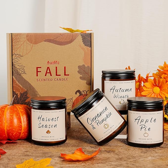 Auelife Fall Candle Set | 4 Pack Scented Candles for Home - Candle Gifts for Women Men, Soy Candles Home Scented | Autumn Fragrance of - Apple Pie/Cinnamon/Harvest/Wreath-Ruum Studio Home