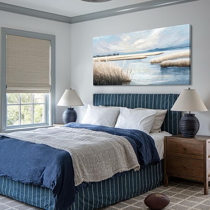 amatop Large Coastal Wall Art Abstract Landscape Beach Ocean Marsh Canvas Print Calming Soft Blue and Beige Wetland Picture Minimalist Neutral Nature Artwork for Bedroom Living Room Office 48x24-Ruum Studio Home
