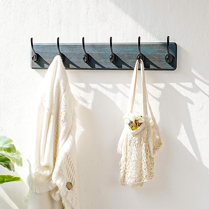 Dseap Coat Rack Wall: 24" Long, Patented, Heavy-Duty, 6-Double-Hooks Wooden Wall Mounted Coat Rack Coat Hanger Hook Rail for Winter Coats Hat Jacket Clothing, Weathered Blue, Pack of 2-Ruum Studio Home