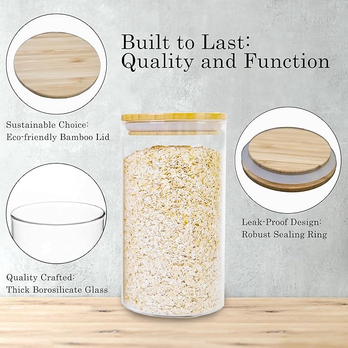 Glass Storage Jars Set Elegant Containers with Airtight Bamboo Lids, Perfect for Kitchen Organization - Flour, Rice, Pasta, Sugar, Coffee Beans, Accessories Included (2 packs(111oz))-Ruum Studio Home
