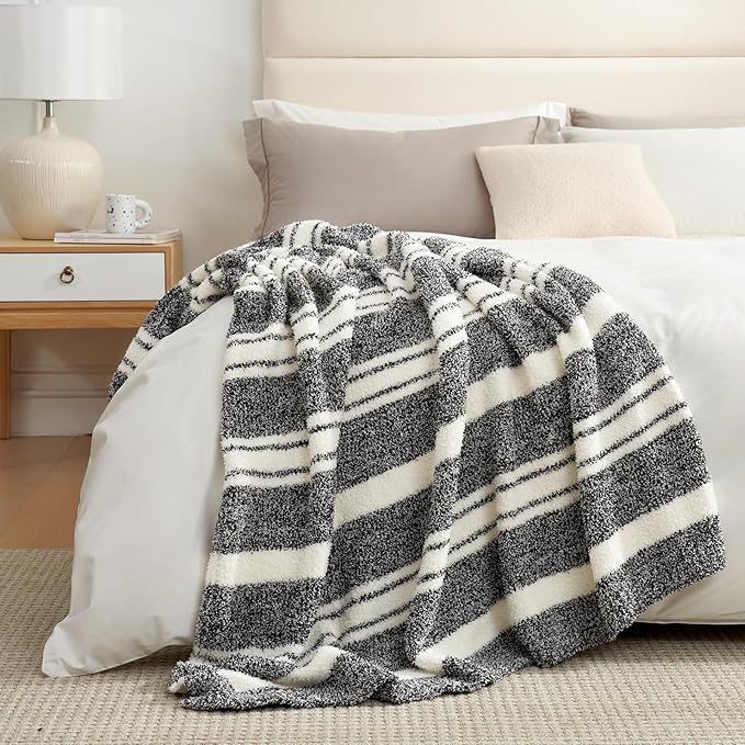 Snuggle Sac Queen Size Bed Blanket Stripe Black, Super Soft Warm Bedding Blankets Cozy Knit Fuzzy Plush Blankets for Bed, Living Room, Stripe Black, Queen 90"x90"-Ruum Studio Home