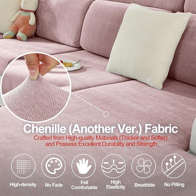 Sectional Couch Covers for L Shaped Sectional Sofa (Left or Right Facing) – Softer Chenille Sofa Covers Washable, Non-Slip Stretch Chaise Slipcover (Only 1PC Chaise Cushion Cover, Pale Pink)-Ruum Studio Home