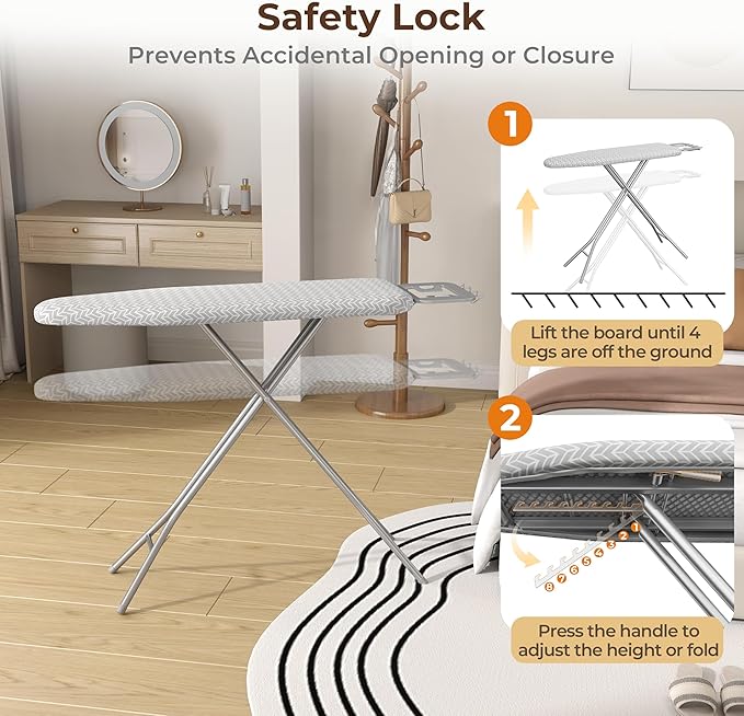 Yaheetech Foldable Ironing Board, Heavy Duty Iron Board with 9 Adjustable Heights, 4 Layer Cover and Safety Iron Rest, 52X14 Compact and Space Save Iron Board for Home Laundry Room Use, Gray&White-Ruum Studio Home