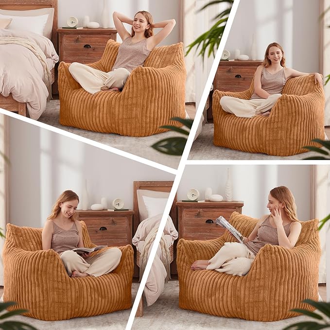 Giant Bean Bag Chairs for Adults Teens, Large Bean Bag Sofa Chairs with Filling Comfy Fuzzy BeanBag Chair with Armrests for Bedroom Living Room Reading (Brown, Large)-Ruum Studio Home