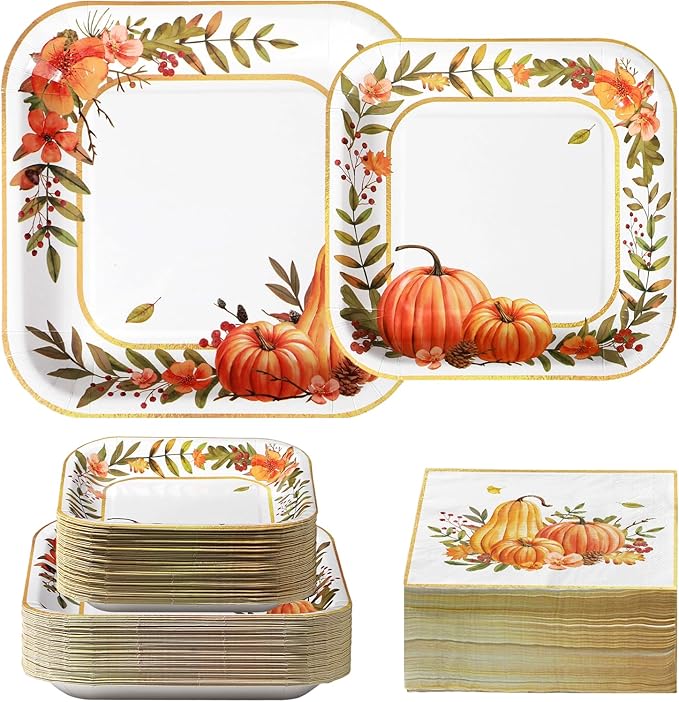Grencian 200Pcs Fall Plates and Napkins Thanksgiving Plates Pumpkin Flower Wreath Plate Disposable Pumpkin Tableware Fall Party Supplies for Autumn Harvest Thanksgiving Party Decorations, Serves 50-Ruum Studio Home