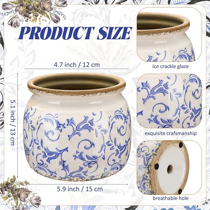 1 Pcs Vintage Planter Large Ceramic Plants Pot Blue Chinoiserie Crack Cottage Scroll Vase Flower Vase Pot Indoor Plants Home Kitchen Decor Farmhouse Antique Decorative Gift-Ruum Studio Home