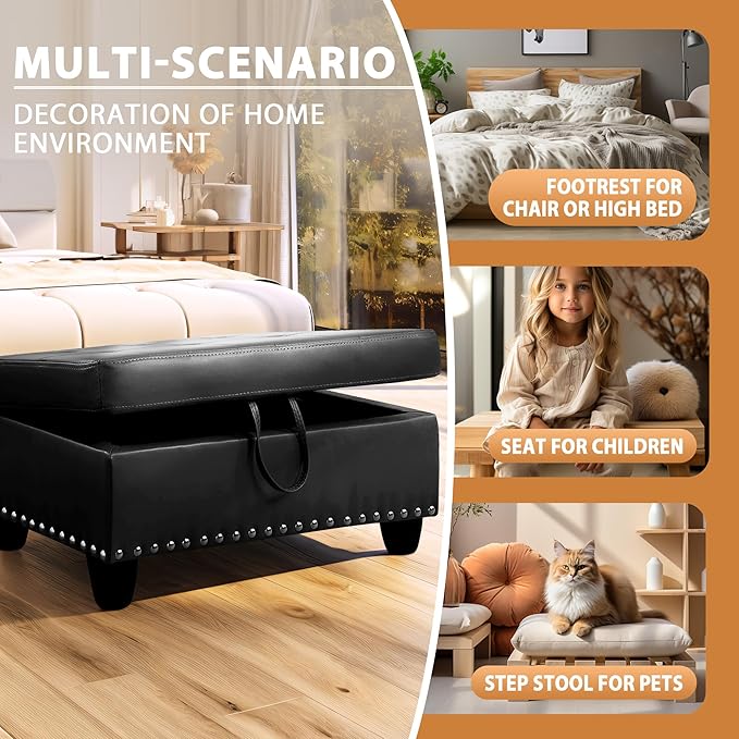 Ottoman Rectangular Storage Ottoman Bench, Faux Leather Footrest, Coffee Table, Stool Footstool with Hinged Lid for Living Room, Bedroom, Entryway, Black, 28.5"x19"x17.5"-Ruum Studio Home