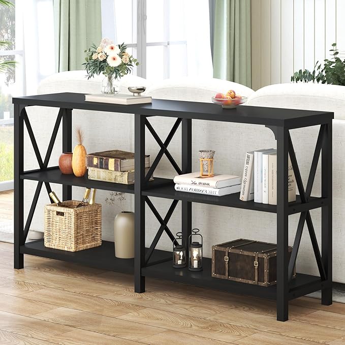 LVB Black Console Table, Modern Entryway Table with 3 Tier Storage Shelves, Industrial Sofa Table Behind Couch for Living Room, Farmhouse Wood Metal Entry Table for Hallway Foyer, Black Oak, 55 Inch-Ruum Studio Home