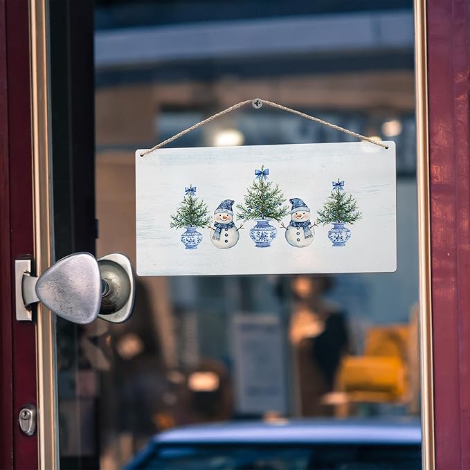 DUXMNAMG Chinoiserie Snowman Winter Hanging Wooden Signs 12x6, Blue and White Porcelain Snowman Sign, Winter ChristmasTree Blue Bow Snowman Chinoiserie Signs for Home Room Office Hanging Wall Decor-Ruum Studio Home