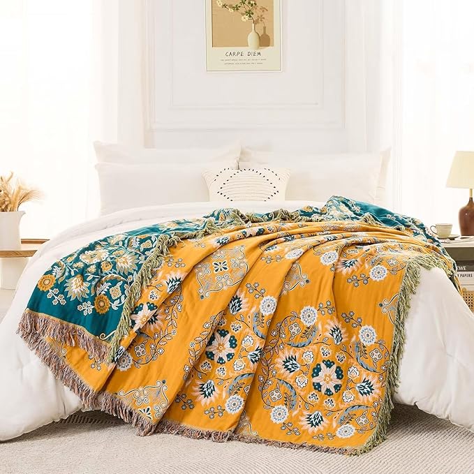 Boho Throw Blanket, 100% Cotton Ultra Soft Luxury Throw Rustic Quilt, Floral Printed Farmhouse Decor Bed Summer Blankets, All Season Rustic Reversible Bohemian Throw for Bed (60"x80" Yellow-Ruum Studio Home