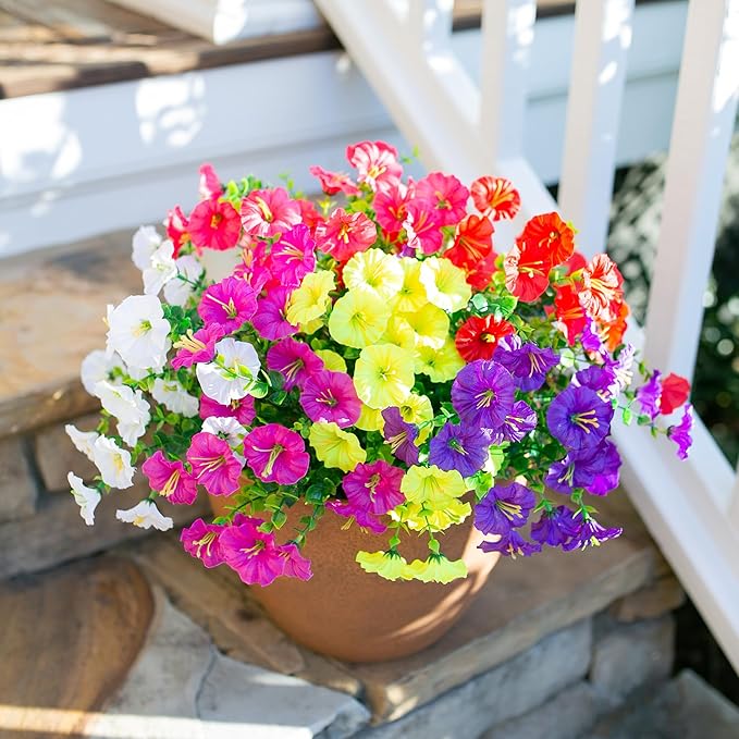 Artificial Flowers for Outdoors Fake Plants Outside Decoration, 12 Bundles Silk Colorful Morning Glory with Eucalyptus UV Resistant Realistic Faux Flowers for Planter Porch Patio Yard Garden-Ruum Studio Home