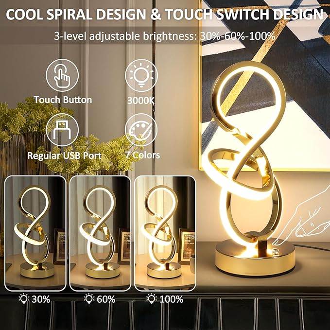 Modern Spiral Table Lamp, 7 Colors 10 Light Modes LED Nightstand Small Lamp with USB C+A Ports, Touch Dimmable Lamps for Living Room Bedroom Bedside, Unique & Cool Lamps,Gold-Ruum Studio Home