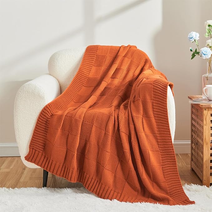 CozeCube Check Knit Throw Blanket, Rust Orange Checkered Throw for Couch, Decorative Christmas Soft Cozy Warm Knitted Blanket for Bed Sofa Living Room, 60"X80"-Ruum Studio Home