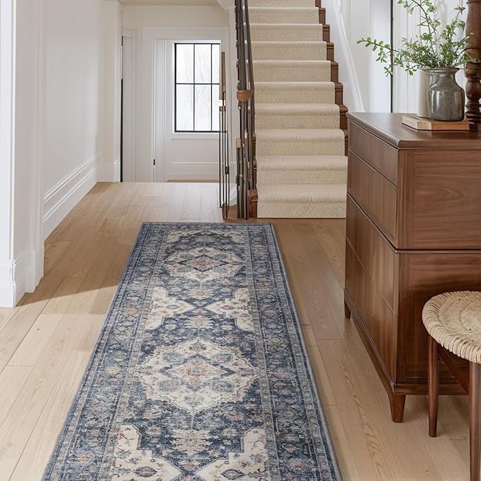 AMOAMI-2X6 Runner Rug-Washable Runners for Hallways-Soft Non Slip Bedside Rugs for Bedroom-Vintage Long Rug for Hallways Entryway Laundry Room Stair Kitchen Bathroom Blue-Ruum Studio Home