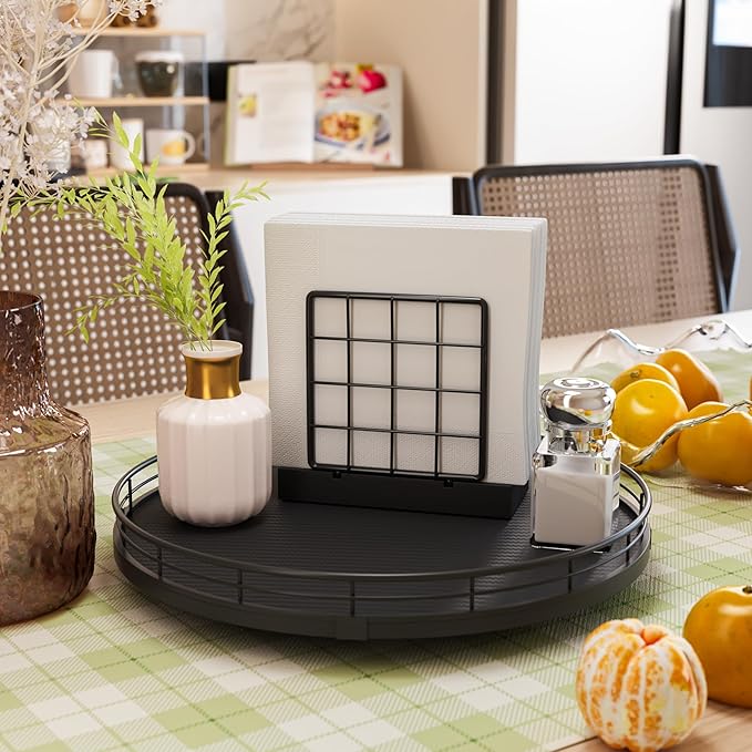 13" Lazy Susan Turntable Organizer for Table Top, Round Wooden Lazy Susan for Cabinet Kitchen Decor Centerpieces Coffee Table, Storage Condiments Spices, Bathroom Vanity Tray for Soap, Black-Ruum Studio Home