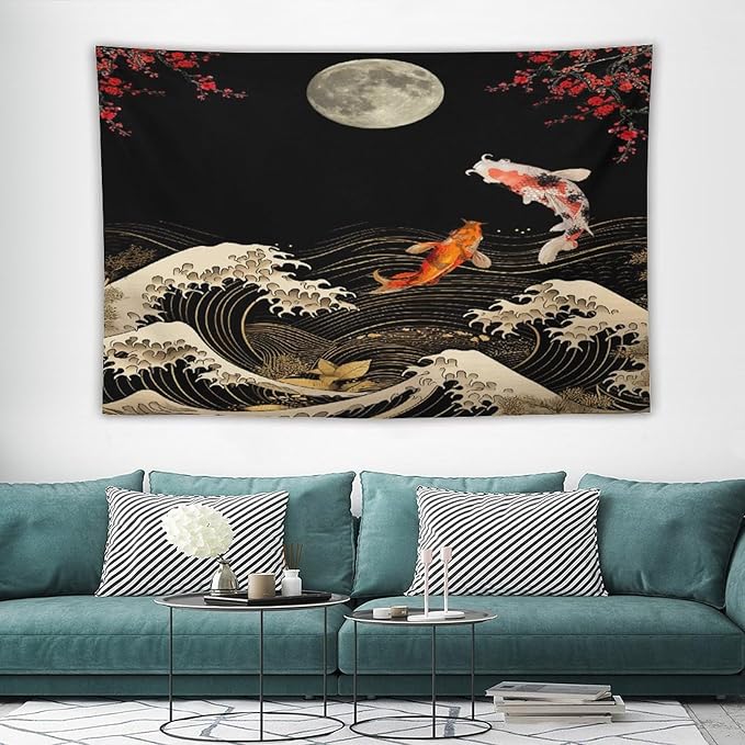 Houselerax Koi Fish Tapestry, Japanese Style Yin Yang Big Wave Cherry Blossom Tapestries Wall Hanging for Bedroom Living Room Office Decor 90"x60"-Ruum Studio Home