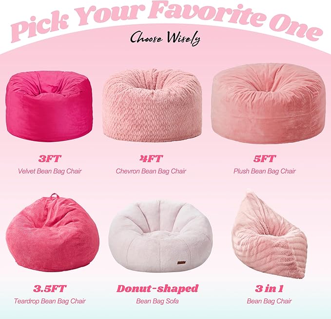 Hobestluk 3 in 1 Bean Bag Chair Giant Bean Bag Chairs for Adults with Ripple Cover Convertible Bean Bag Floor Cushion with Machine Washable Cover for Living Room (Ripple Pink)-Ruum Studio Home
