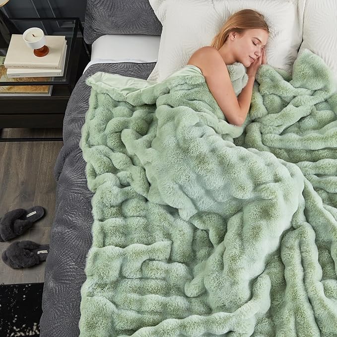 Cozy Bliss Faux Fur Throw Blanket for Couch, Fuzzy Soft Plush Thick Bubble Blanket for Sofa Bedroom Living Room, 108 * 90 Inches Sage Green-Ruum Studio Home