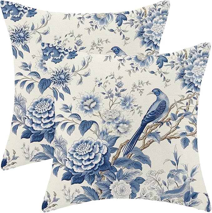 CXMEIFLY Spring Floral Pillow Covers 16 x 16 Inch Set of 2 for Chinoiserie Flowers Bird Decor Throw Pillows Vintage Blue and White Plant Outdoor Decorative Cushion Cases for Couch Bed Decorations-Ruum Studio Home