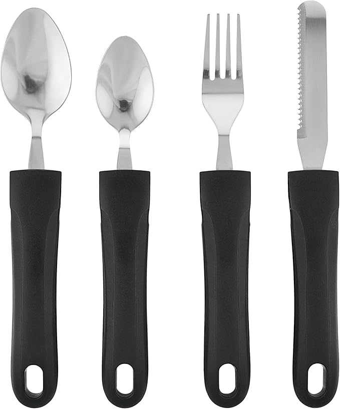Adaptive Eating Utensils by Celley for Elderly, Handicapped | 4pc Easy Grip Silverware Stainless Steel Knife, Fork, 2 Spoons – (Black)-Ruum Studio Home