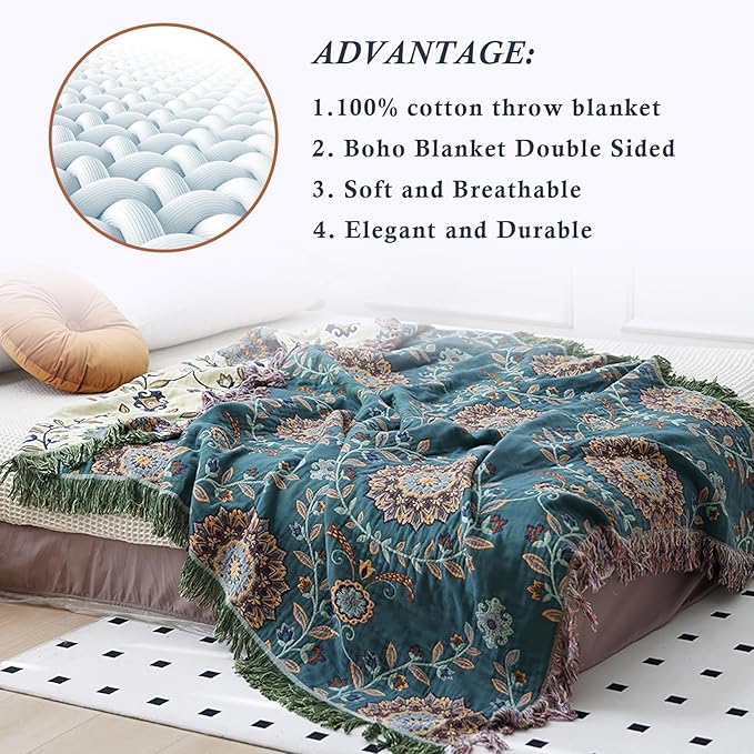 Snycler Boho Throw Blanket for Bed - 100% Cotton Ultra Soft Rustic Quilt - Blue Green Floral Printed Farmhouse Decor Bed Blankets, 80"×90" All Season Rustic Throw for Sofa Couch Chair-Ruum Studio Home