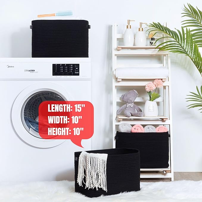 MINTWOOD Design 3-Pack Storage Baskets for Shelves, Decorative Baskets for Organizing, Woven Baskets for Storage, Book Basket Cube Bin Box, Pantry Closet, Shoe Organizer, Black / Black-Ruum Studio Home