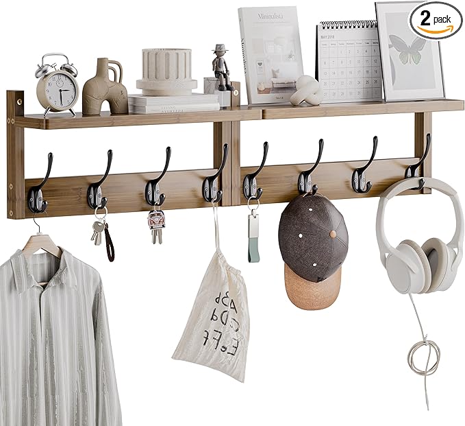 Coat Rack with Shelf Wall Mount, Entryway Bamboo Hanging Shelf, Set of 2, Wall Hook Rail for Hallway Décor, Storage Clothe, Hat, Robe, Key, Dog Leash (Walnut)-Ruum Studio Home