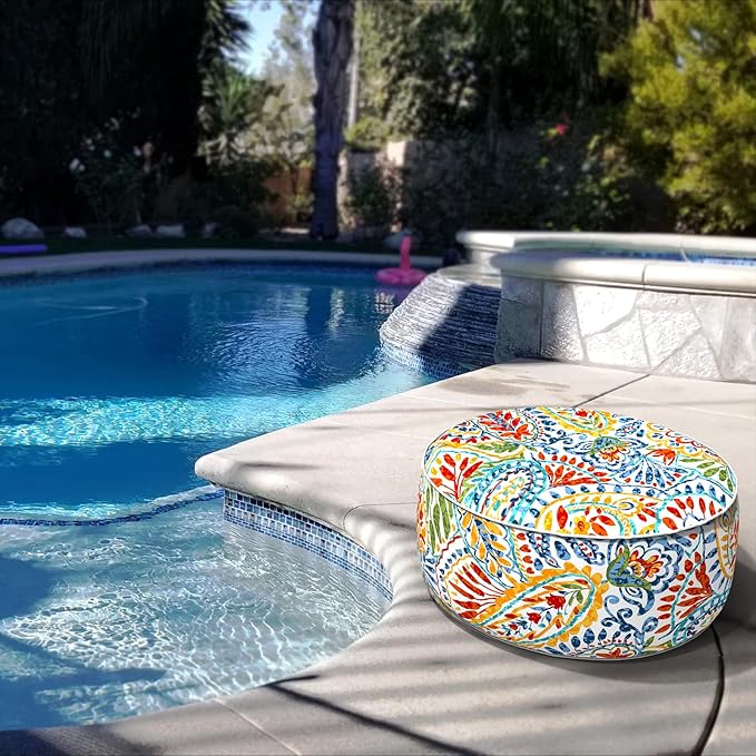 LVTXIII Indoor/Outdoor Inflatable Ottoman, All Weather Round Footrest Stool D21”x H9”, Portable for Patio Garden Camping or Home-Paisley Ummi Multi-Ruum Studio Home