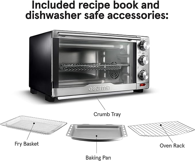 Gourmia GTF7350 6-in-1 Multi-function, Stainless Steel Air Fryer Oven - 6 Cooking Functions - Fry Basket, Oven Rack, Baking Pan & Crumb Tray, Included + Recipe Book-Ruum Studio Home